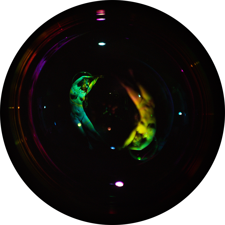 Model in bubble with psychedelic colors